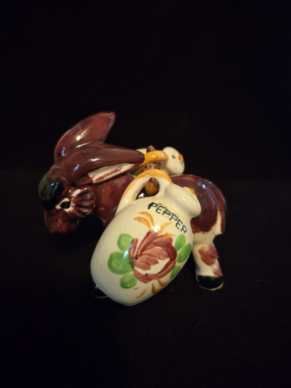 Vtg 1950s Elvin Japan Ceramic Donkey Salt Pepper Shakers Set 3pc Burro Kitsch